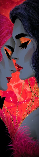 Free dark romance bookmark featuring two women talking closely